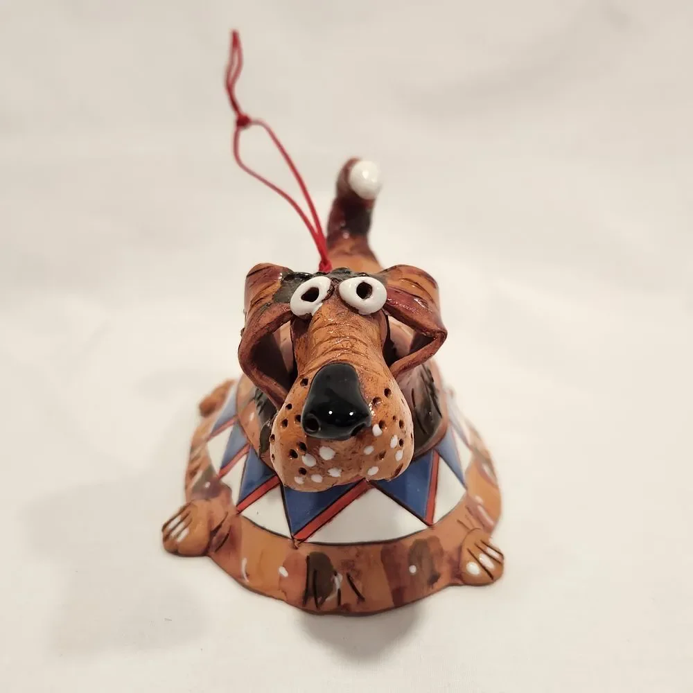Handmade Studio Pottery Dachshund Dog Bell Ornament‎ Whimsical Folk Art Brown